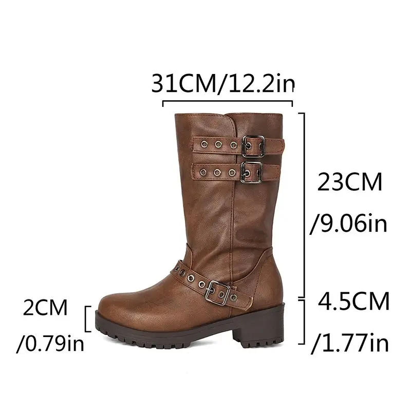 ORCHA LISA Mortorcycle Ladies Boots Brown Black Medium Circular Toe 4.5cm Block Heel Slide In Clasps Large Size 42 43 44 45