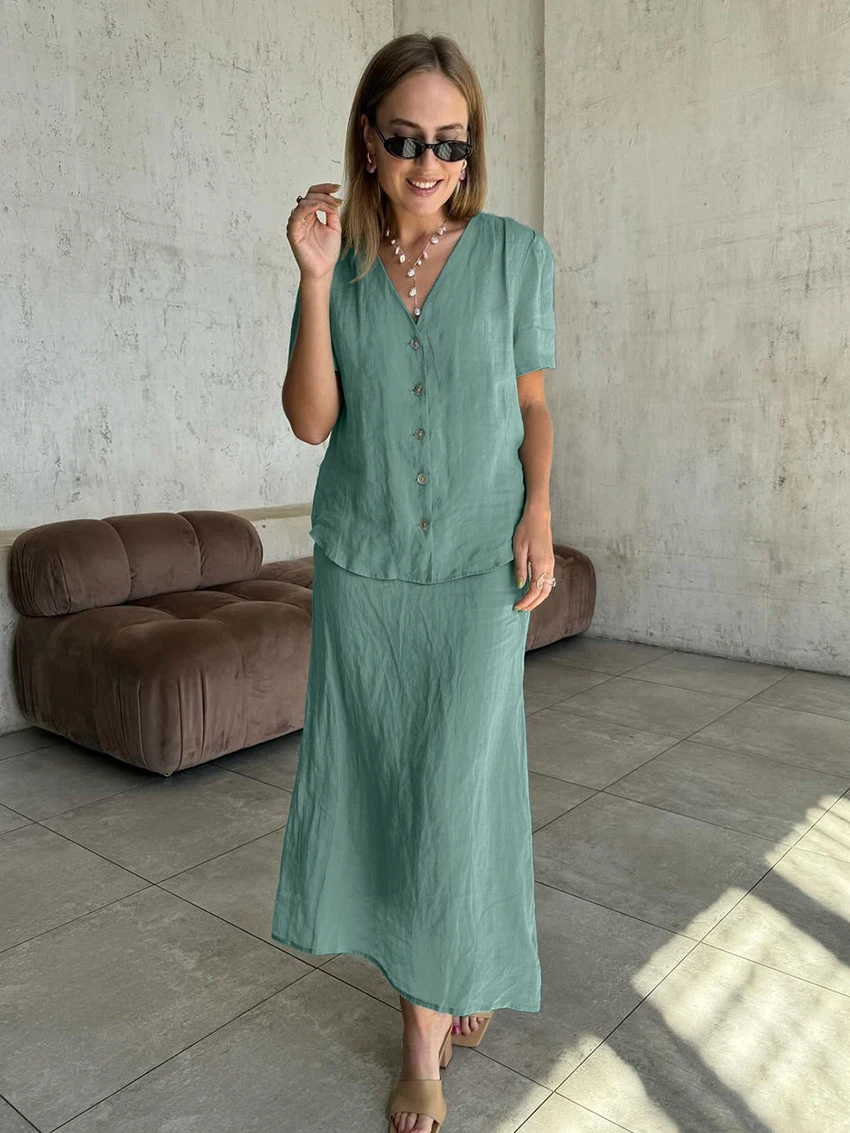 Marthaqiqi Summer Female Nightgowns Suit Sexy V-Neck Sleepwear Short Sleeve Nightwear Long Skirt Casual Women Pajama 2 Piece Set
