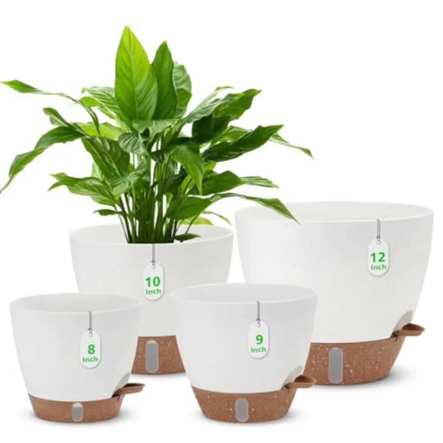 

Набор самополивающихся горшков 12, 10, 9, 8 дюймов с индикатором уровня воды, большие пластиковые кашпо с сетчатым дренажным отверстием и съемным поддоном