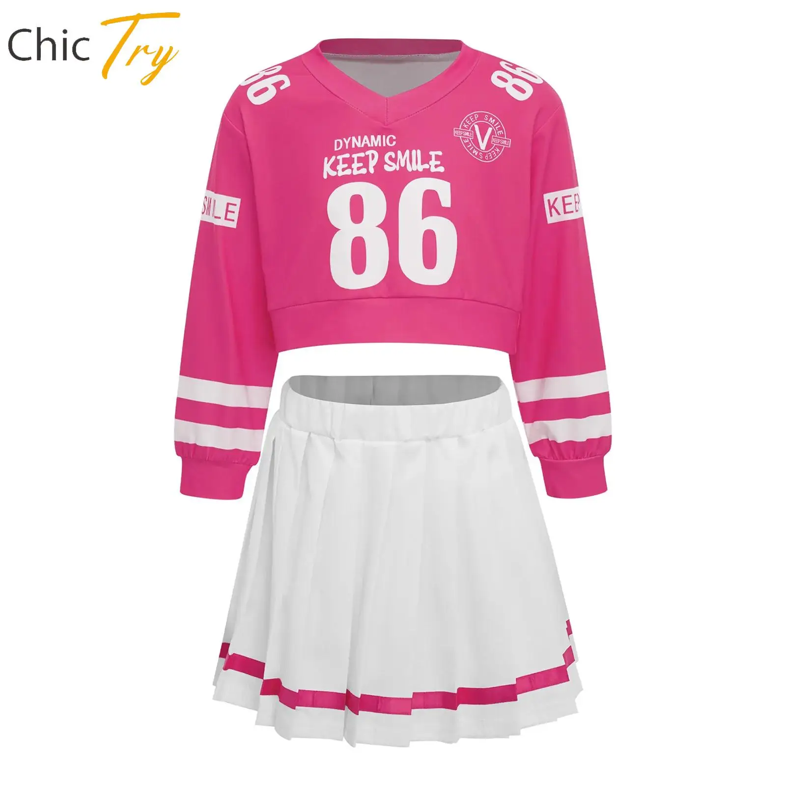 

Tennis Outfit for Girls Kids Workout Volleyball Matches Sports Outfit Contrasting Long Sleeve Crop Top+Pleated Skirt 2-piece Set