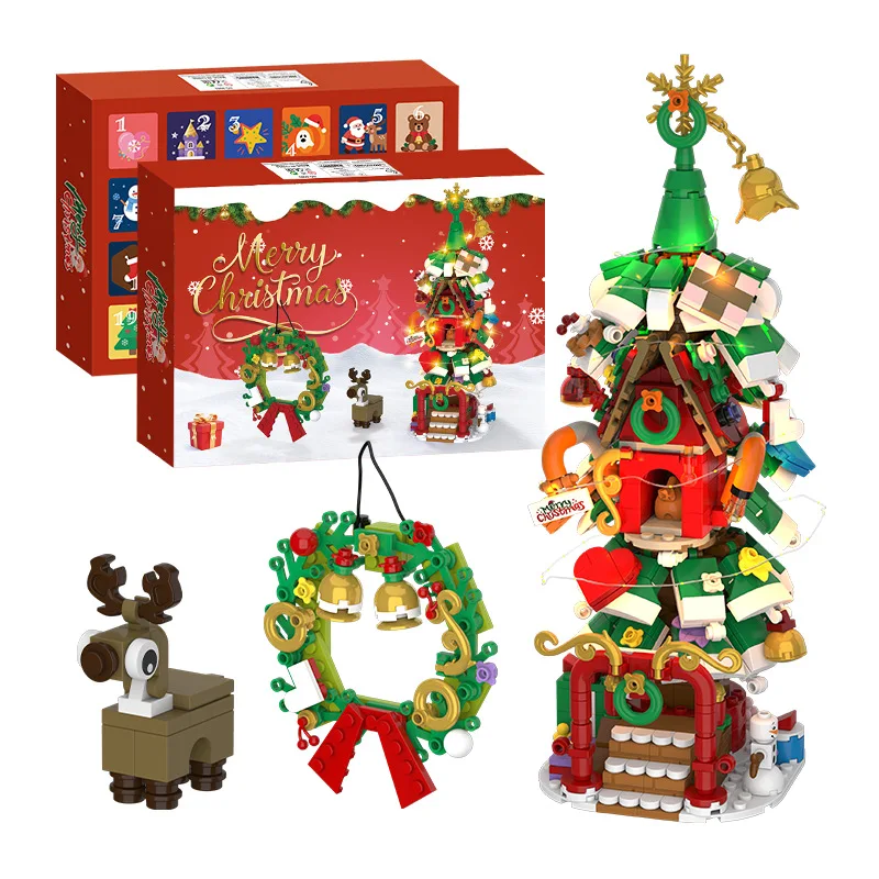 Bloques de construcción de la serie navideña MOC con luz LED, trineo, alce, modelo de árbol de Navidad, decoraciones, ladrillos para niños, juguetes de regalo, 820 Uds.