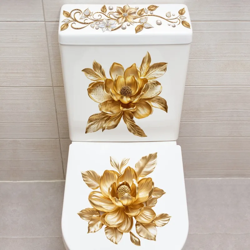 1 Sheet Beautiful Golden Flower Toilet Sticker Bathroom Toilet Cover Decorative Sticker Waterproof Self Adhesive