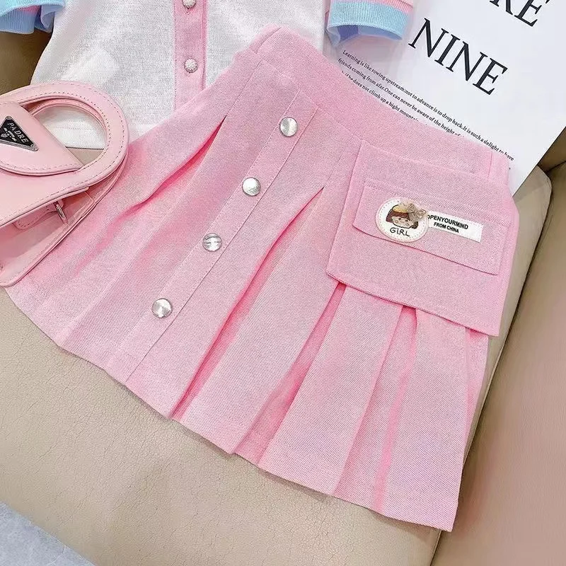 Girls\' Small Fragrance Set 2024 New Polo Collar Spliced Summer Short Sleeve Pleated Skirt Two Piece Set Trendy