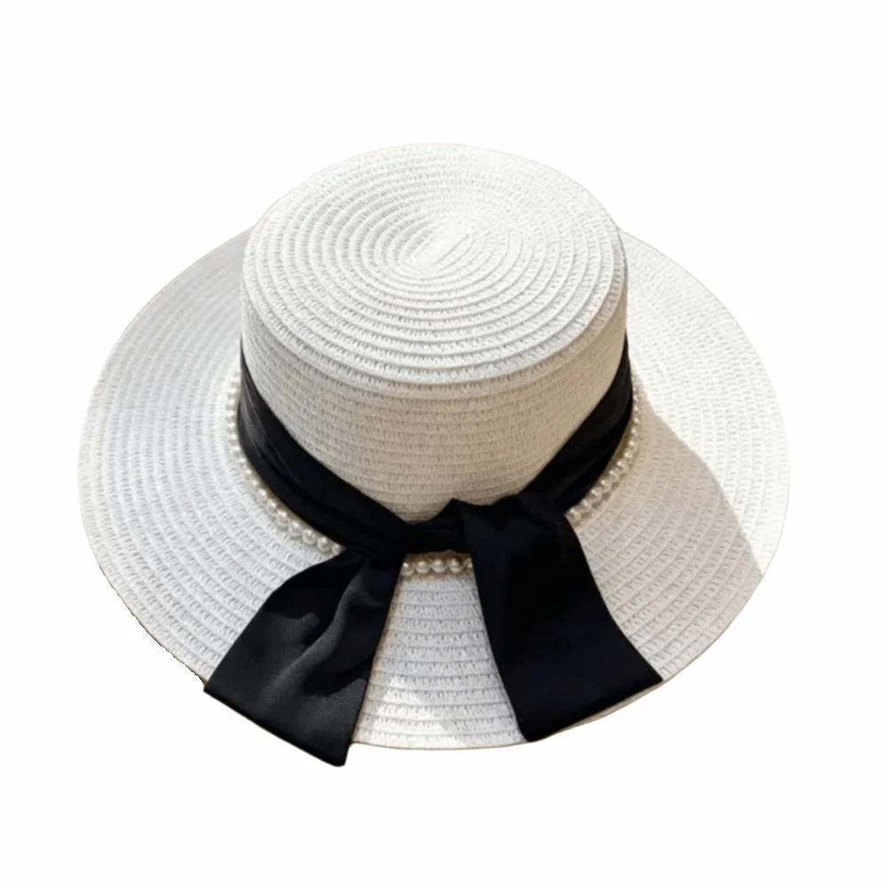French Multicolor Straw Hat Beads Chain Silk Bow Sun Hat Breathable Sunshade Vacation Hat Summer Outdoor