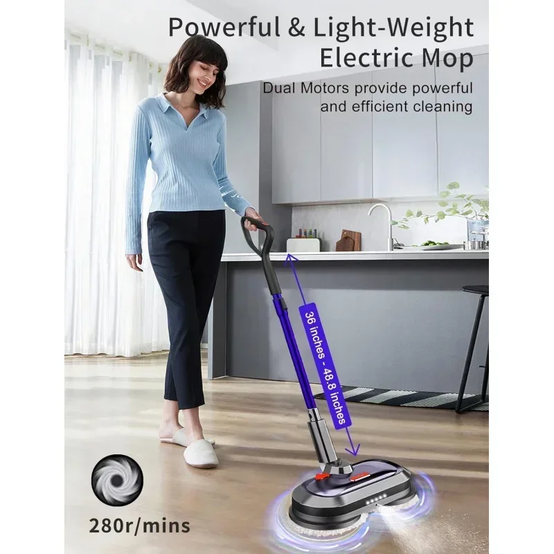 ممسحة كهربائية Qwcordless مع خزان مياه 300 مل، ممسحة دوارة مع مصباح أمامي LED وبخاخ، للخشب الصلب والبلاط والأرضيات المصفحة