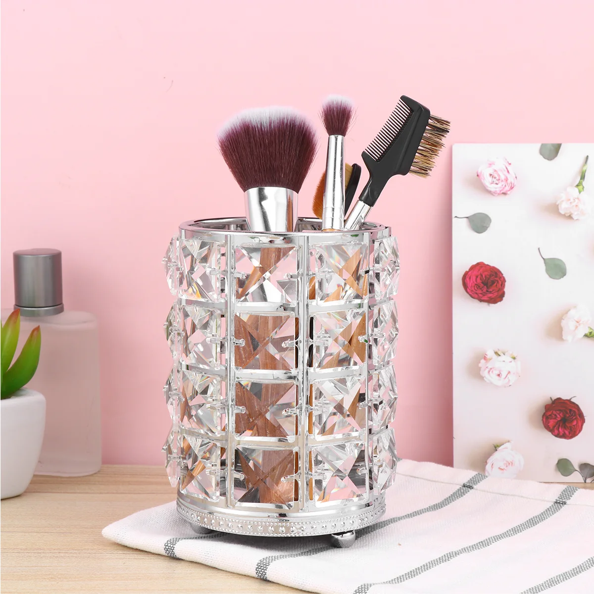 Make up Brush Holder Hollow Lace Crystal Cosmetics Tools Holder for Home Store (Large Size Golden) Cosmetics Brush Holder