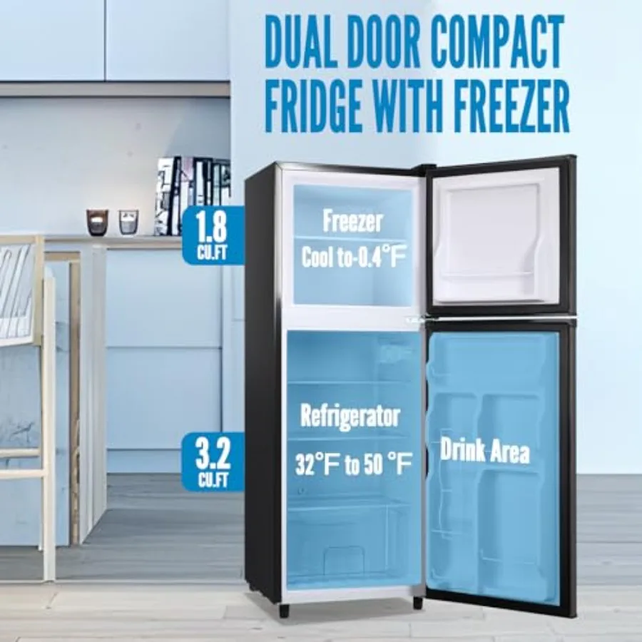 ثلاجة ذات سعة كبيرة 5.0 CU.FT مع بابين، 7 تروس، حامل زجاجات جانبي للتحكم الميكانيكي، مصباح LED مثالي لمطبخ النوم