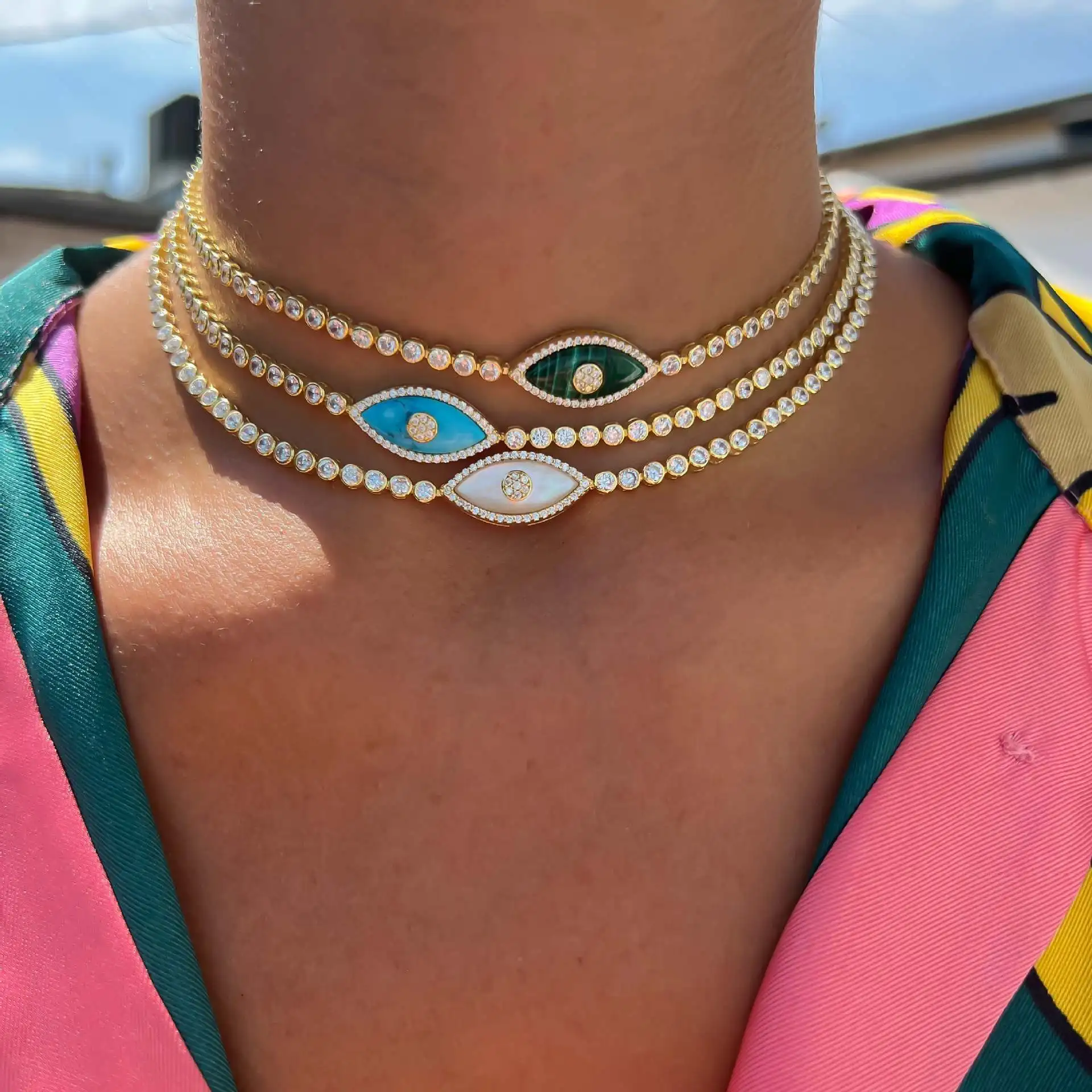 Luxury Inlay Rhinestone Short Clavicle Necklace Opal Evil Eye Choker Sparkle Zircon CZ Turkey Goth Designer Jewelry Accessories