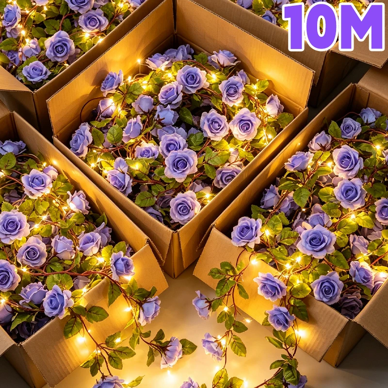 Artificial Flower Rose Vine Lighting with Green Leaves Simulation Flower Vine Silk Prtals Flower Lights Decorative Lamp