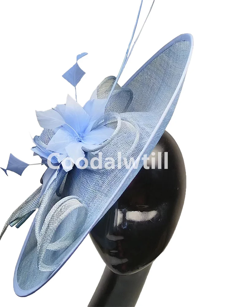 Large Sinamay Wedding Fascinator Hat Women Elegant Church Race Headpiece Ladies Bride Occasion Millinery Cap Derby Feather Hats