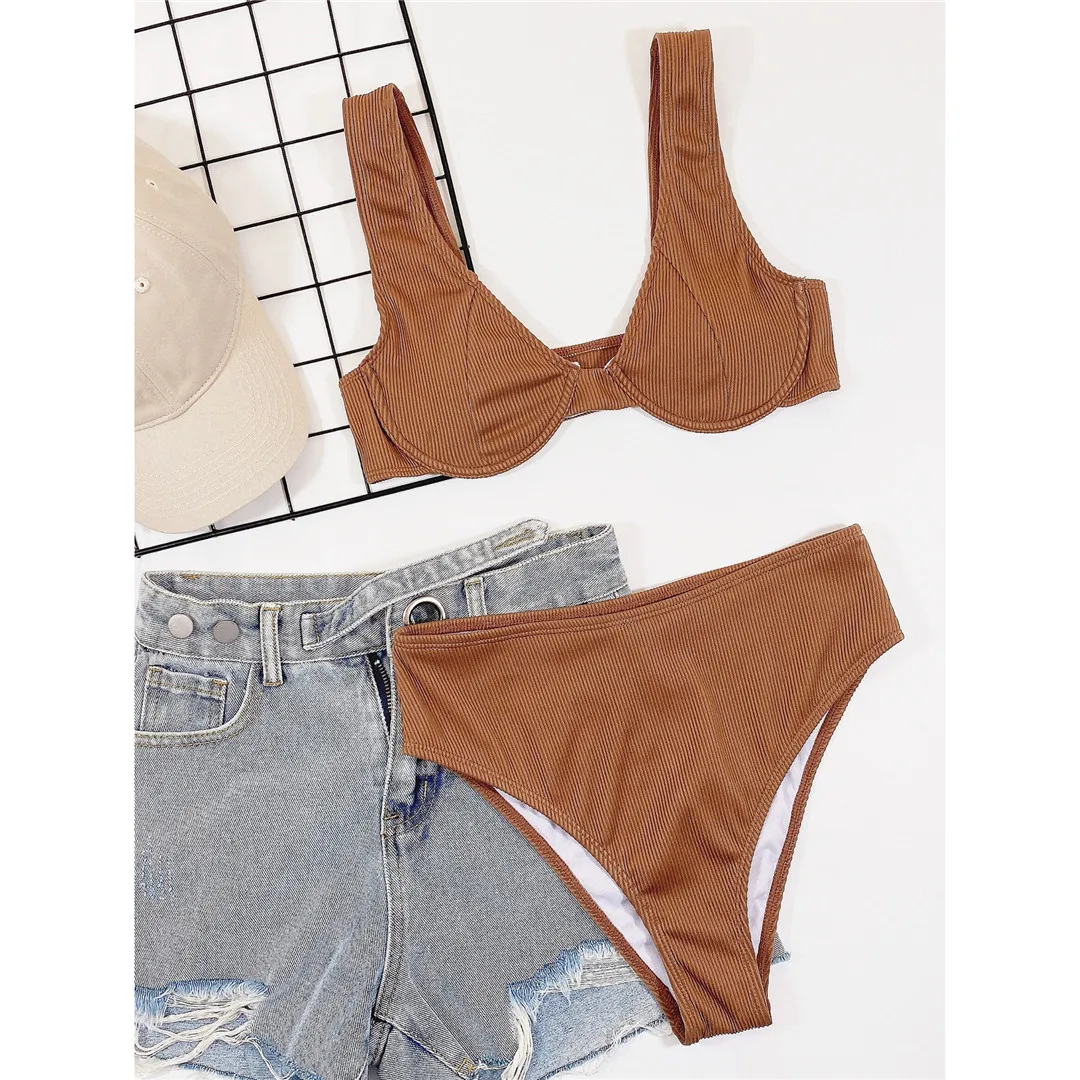 Neuer, sexy, gerippter, einfarbiger Damen-Badeanzug, Bikini mit hoher Taille, zweiteiliges Bikini-Set, Badebekleidung, Damen-Badeanzug, V3095 – Detail 8