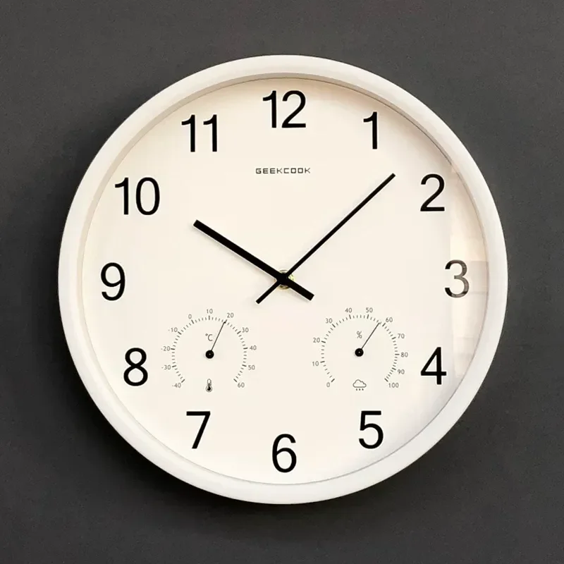 Modern Minimalist Metal Silent Round Wall Clock with Quartz Movement Thermometer Hygrometer for Living Room Bedroom Office