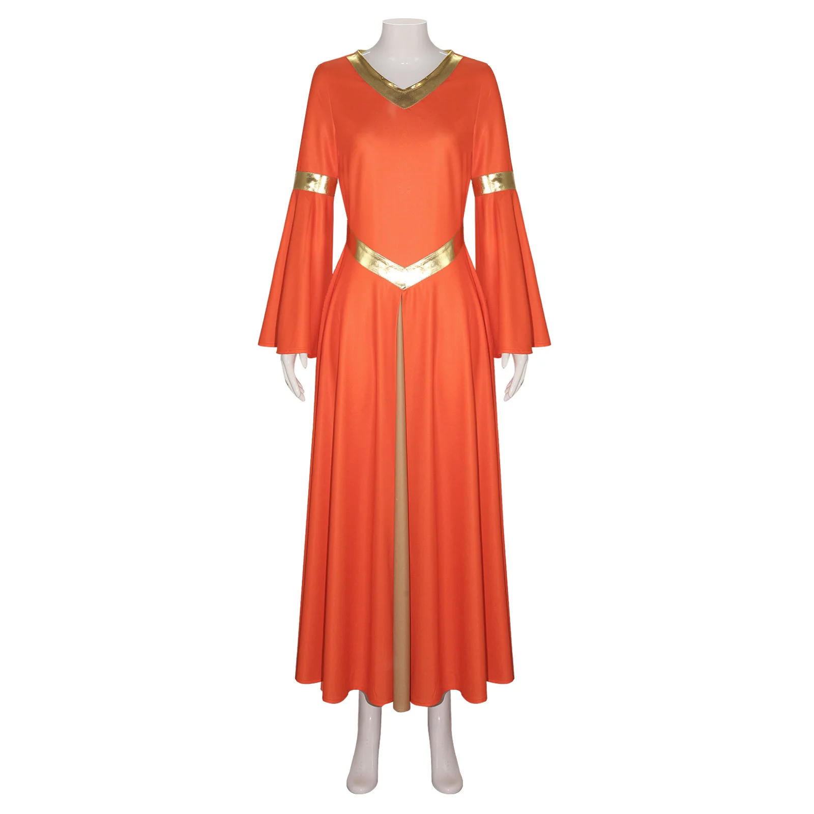 فستان رقص نسائي بأكمام طويلة وياقة على شكل V مع حواف ذهبية، زي أداء مسرحي، تنورة طويلة للكنيسة، زي بثيم الهالوين #3