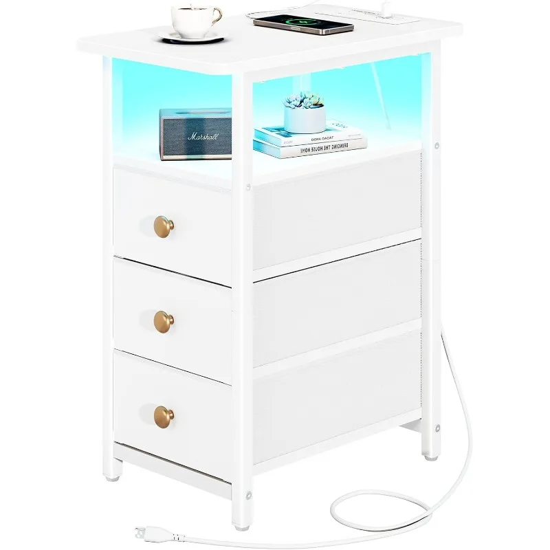 End Table with Charging Station, LED Narrow Side Table Bedside Table, Small Night Stand End Tables Living Room