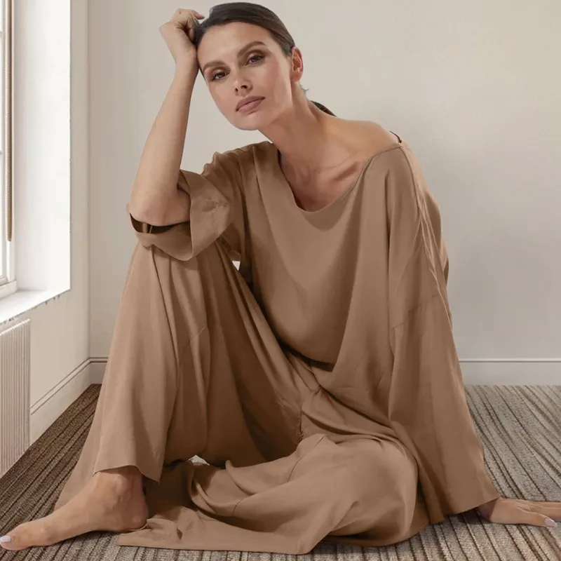Trendy Fashion Loose Modal Long Sleeve Pajama Set Long Pants Comfortable Casual Wear Fall Women’s Sleepwear L Size Lounge set