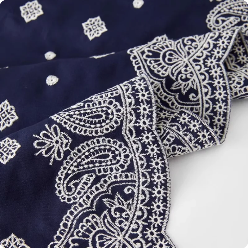 

Retro navy blue embroidered polyester cotton fabric dress, shirt, vest children's clothing diy fabric
