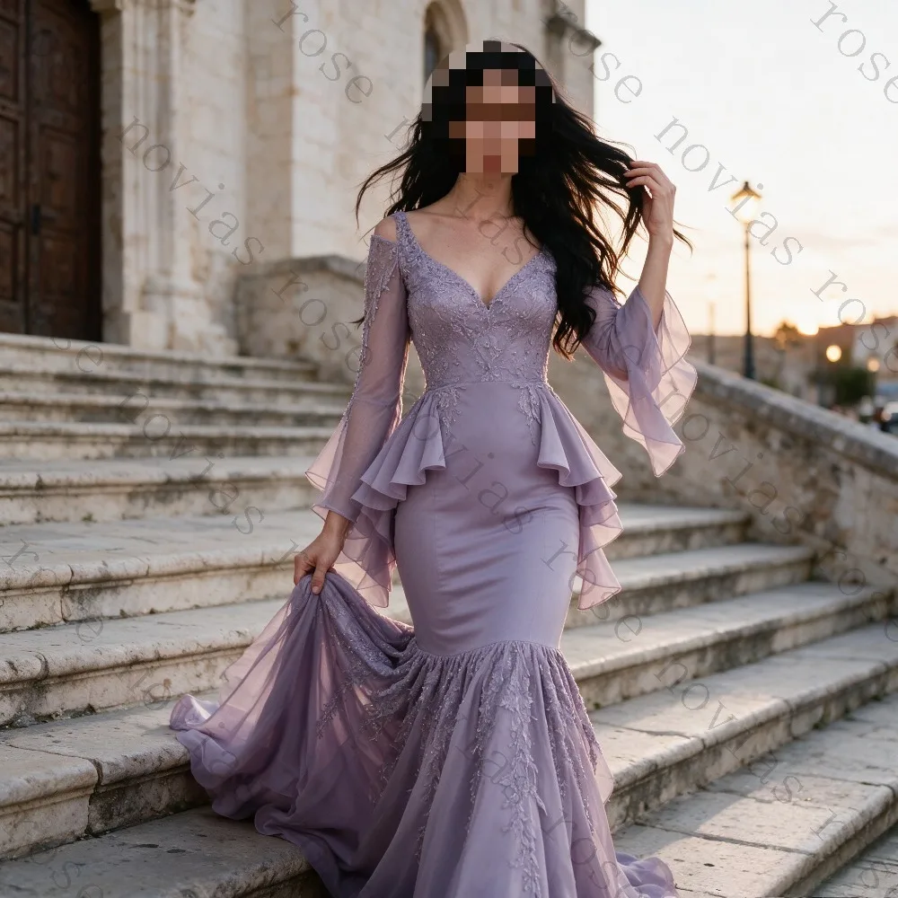Customized Lavender Mermaid Graduation Dress 2026 V-neck Lace Stickers with Ruffled Bell Shaped Sleeves and Floor Length Skirt