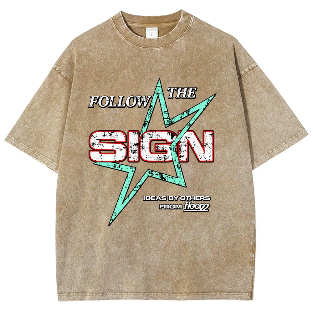Men Follow The Sign Star Print T Shirt Vintage Acid Wash Graphic Tee Summer Short Sleeve Top Casual Streetwear Fashion Clothing