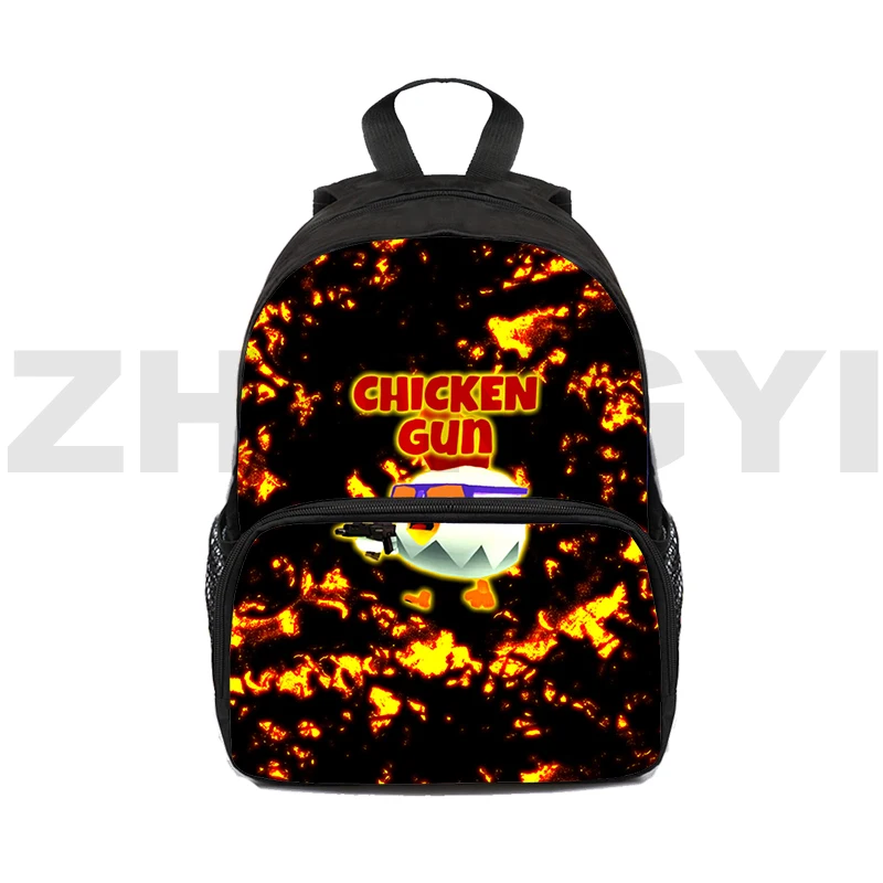 12/16 Inch Chicken Gun Mini Backpack Fashion Travel Bag Kids Cartoon Bookbag Funny Anime Primary School Bags Men Vintage Daypack