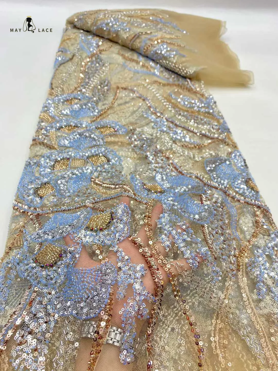 

5 Yards Nigerian Lace Fabric 2026 High Quality Luxury Sequins African French Beaded Lace Fabric Wedding Dress for Women Sewing