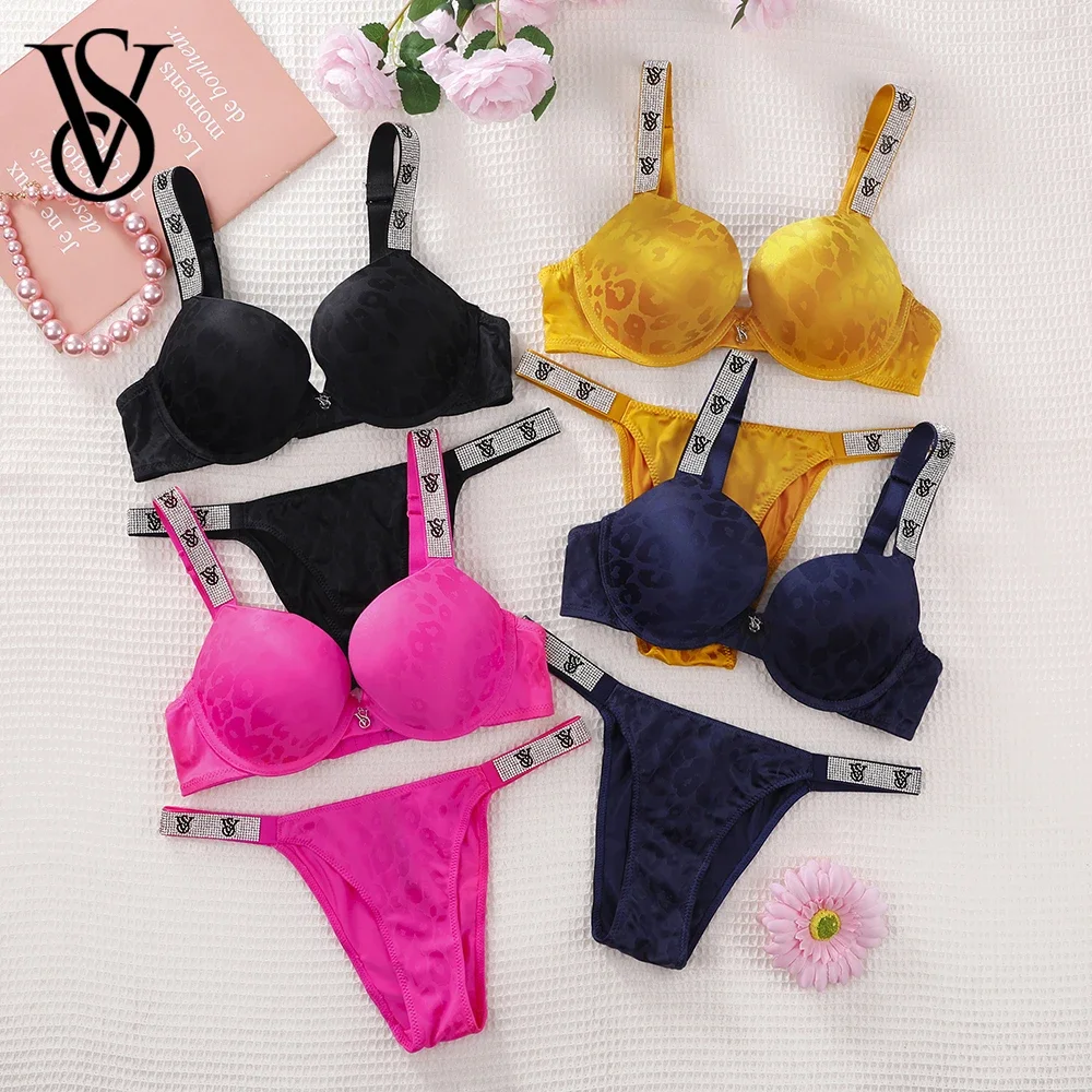 Victoria Secret Very Sexy Logo Shine Strap Leopard Print Push Up Bra Shine Script Thong Lingerie