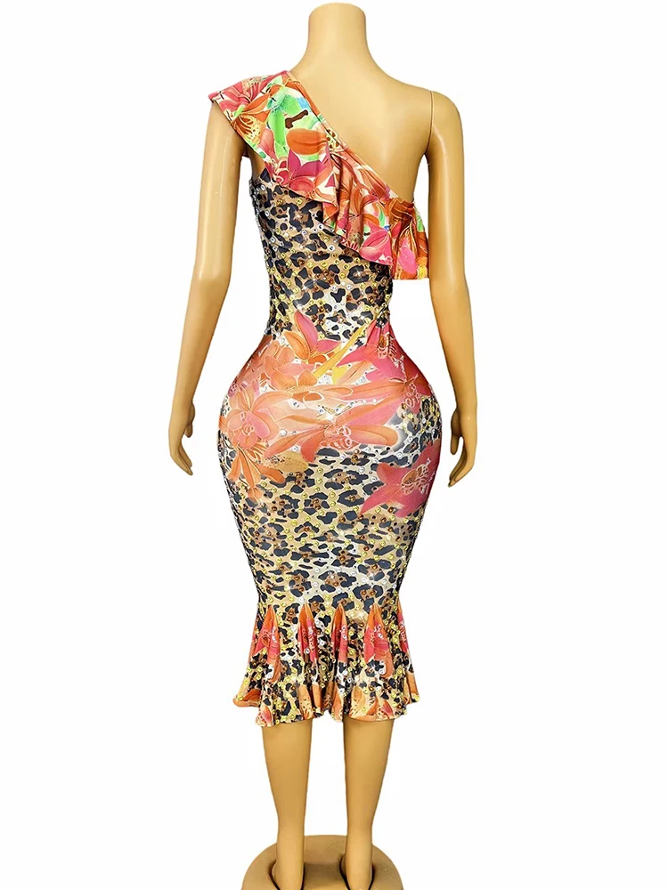 Hoge kwaliteit hot stamping sexy luipaardprint onregelmatige lotus rand jurk 2025, nieuwe modieuze aangepaste dameskleding