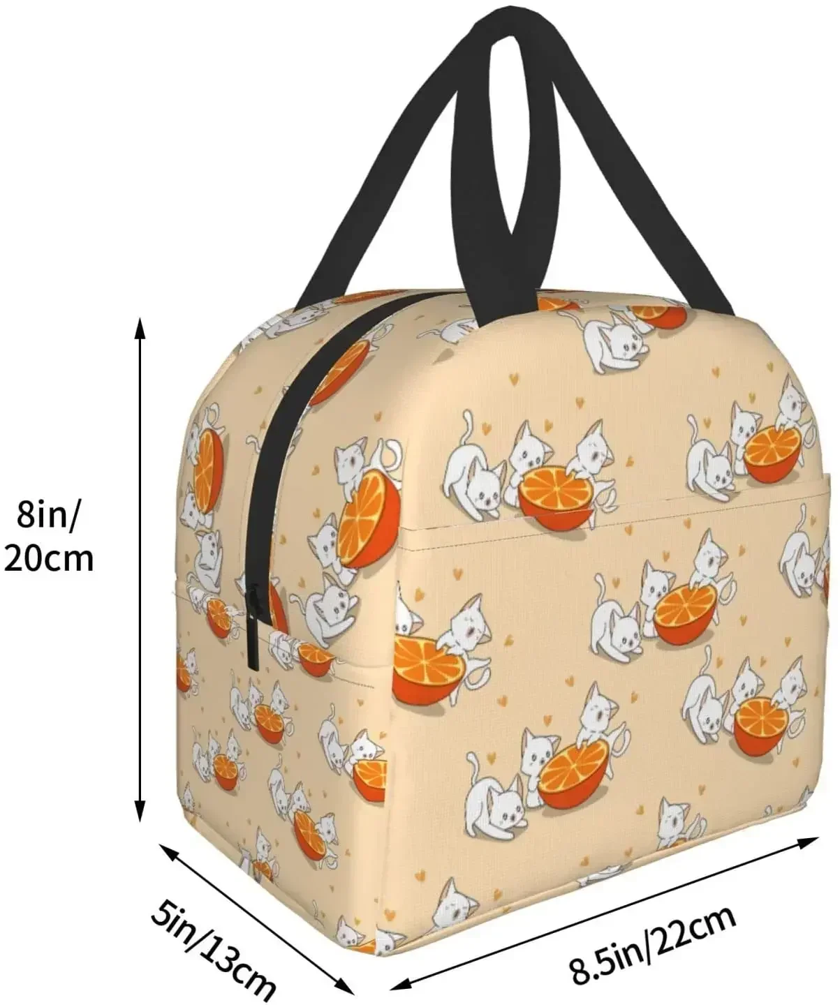 Insulated Lunch Bag Reusable Cooler Thermal Cats and Orange Tote Bag with Front Pocket for Women Men Travel Work Hiking Picnic