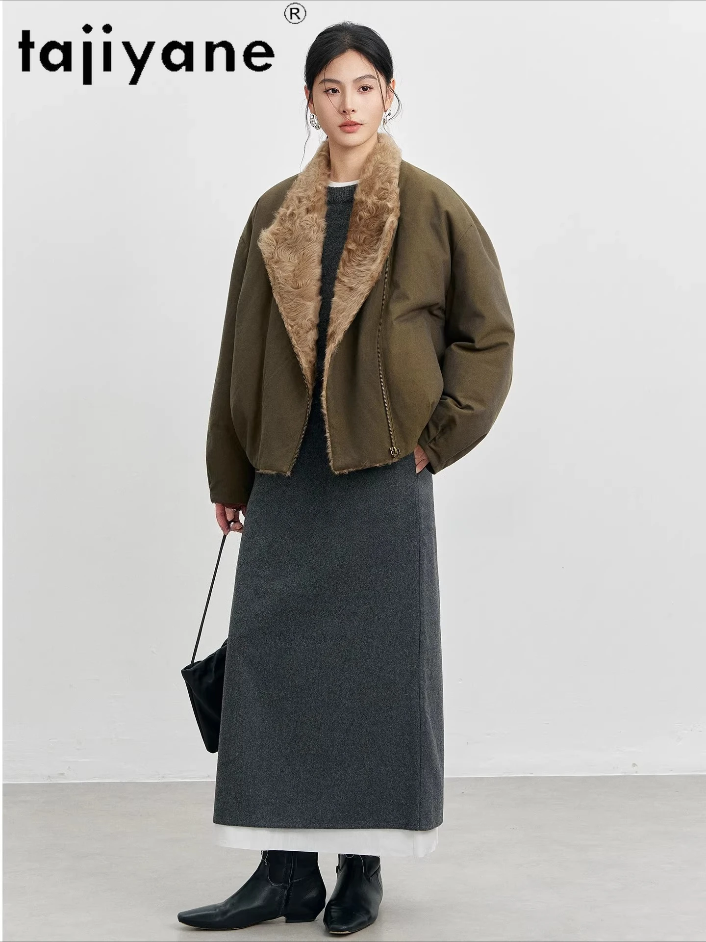 Tajiane casacos e parkas femininos, jaqueta merina com gola de pele de ovelha, jaqueta curta de penas de ganso, roupas femininas de inverno 2025