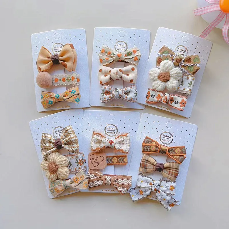 3Pc/set No Harm Baby Fabric Hair Clips French Retro Lace Bow Barrettes Woolen Crochet Flower Hairpins Cute Plush Ball Side Clips