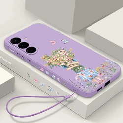 Luxury Girl Flower Picking Lanyard Case For Samsung Galaxy A54 A55 5G A15 A25 A35 A52 A14 A34 Capa S20 S21 FE S22 S23 S24 Ultra