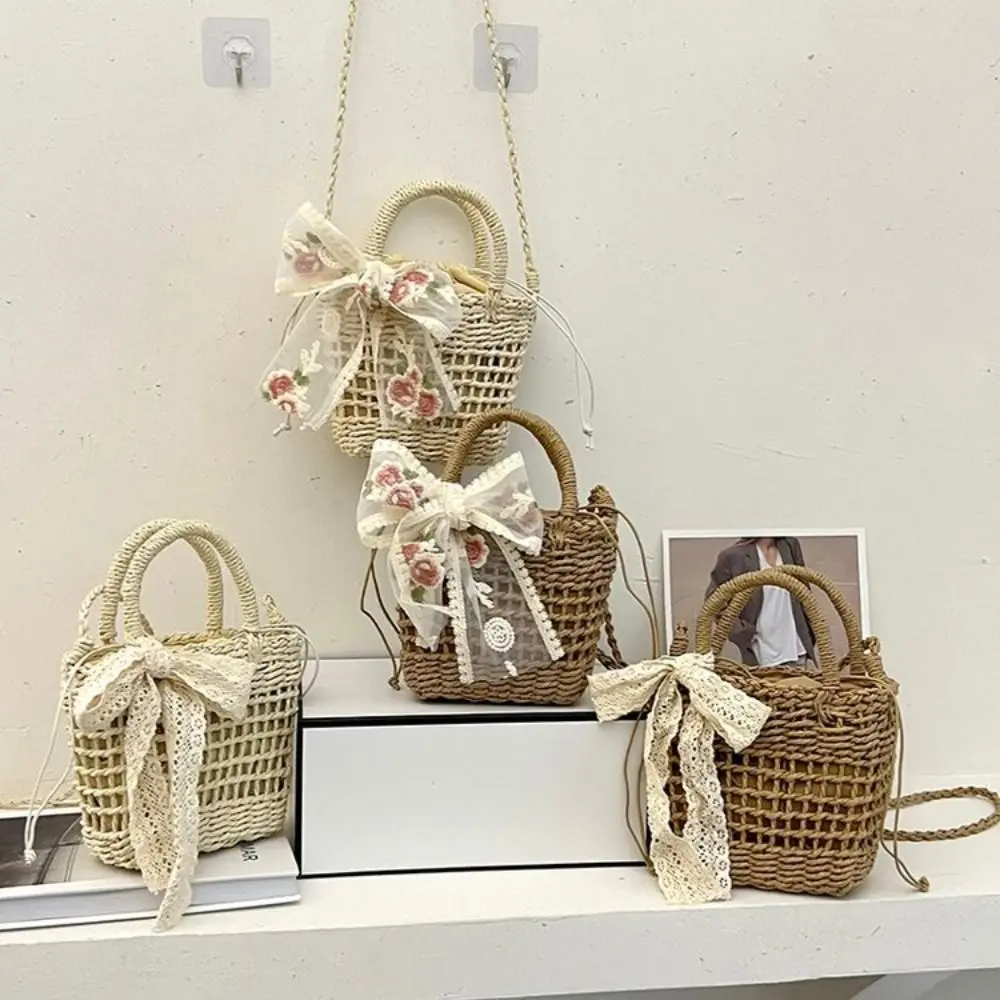 Cute Floral Embroidery Woven Handbag Drawstring Hollow Straw Crossbody Bag Bow Bucket Bag Summer Shoulder Bag Summer
