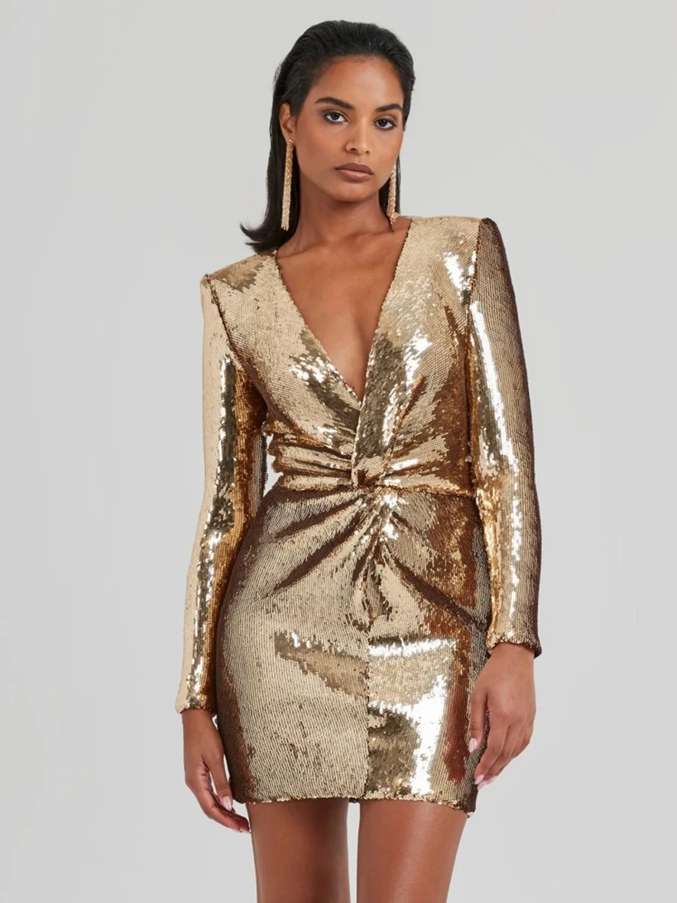 High Quality Women'S Sexy V-Neck Long Sleeved Shiny Sequin Draped Gold Mini Dress Elegant Celebrity Evening Club Party Vestidos