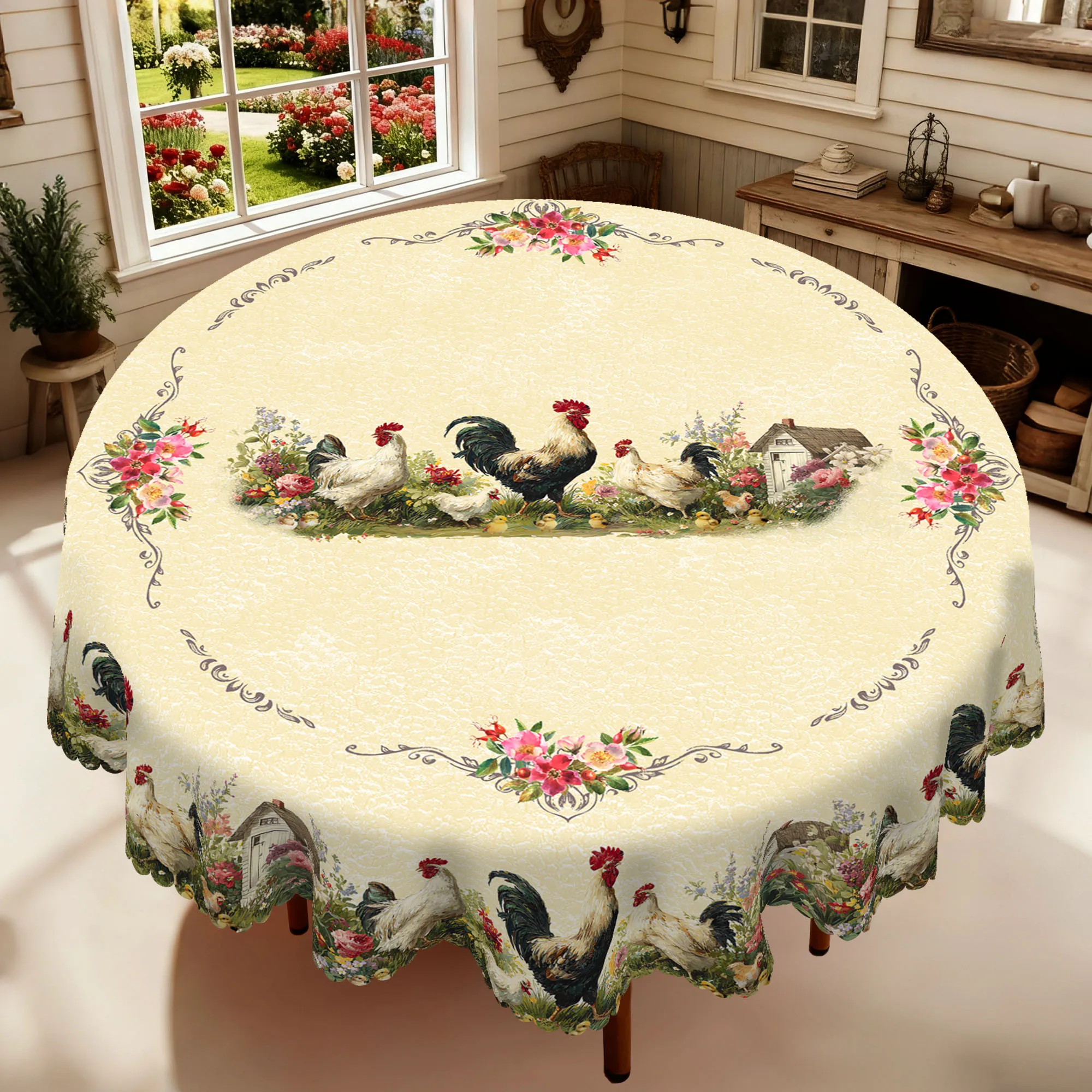 1 Piece of Vintage Farmhouse-Style Round and Rectangular Tablecloth, Available in Various Sizes, Featuring Elegant Images of Roosters, Hens, and Chicks, with Printed Designs of Blooming Roses and Country Cottages, with Embossed Edges, Suitable for Use on Family Dining Tables, Patio Gardens, and Other Settings, Pastoral-Style Home Decor, and Four-Season Home Decoration