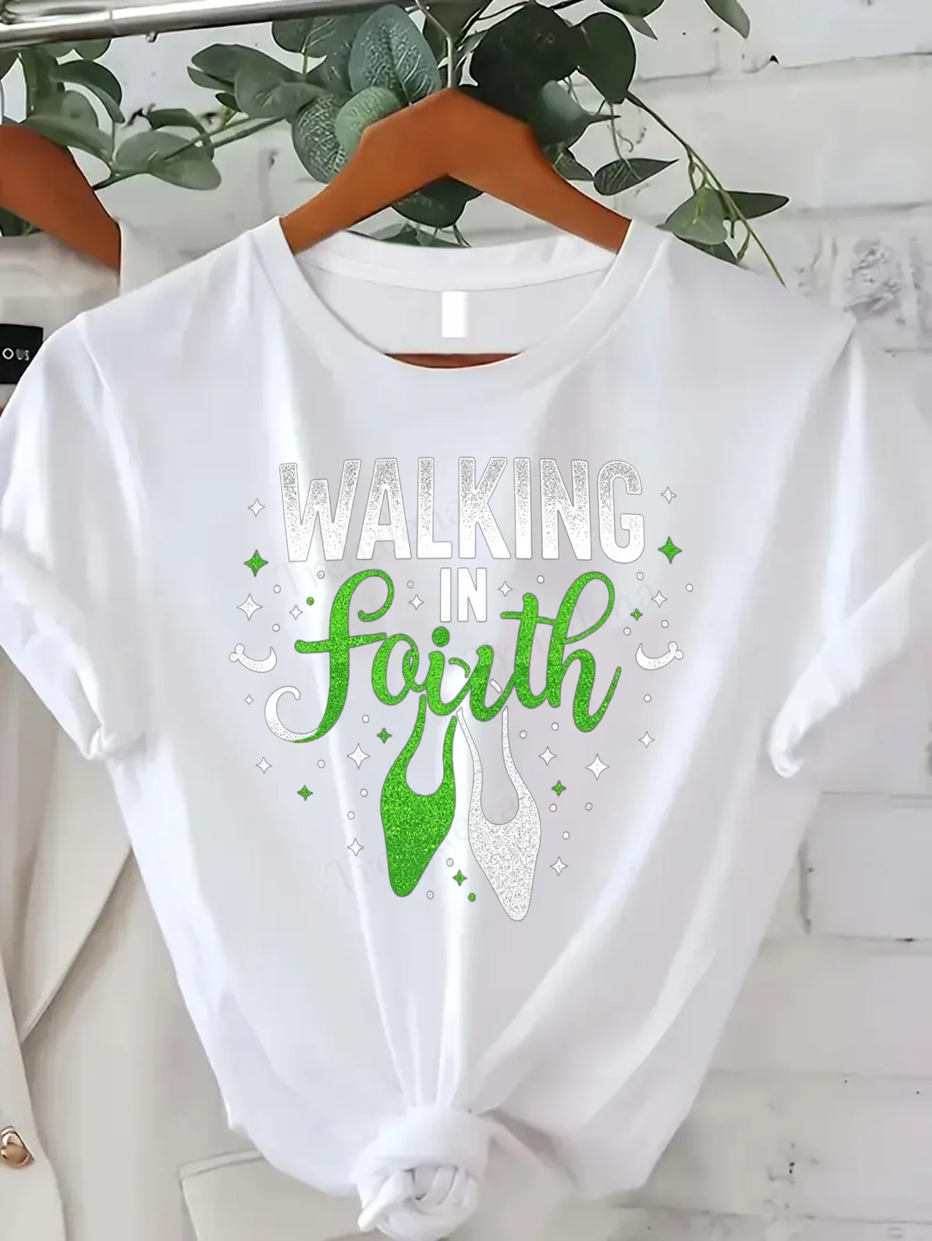 

Women T-shirt Glitter "Walking in Faith" T-Shirt for Women - Sparkly Religious Tee