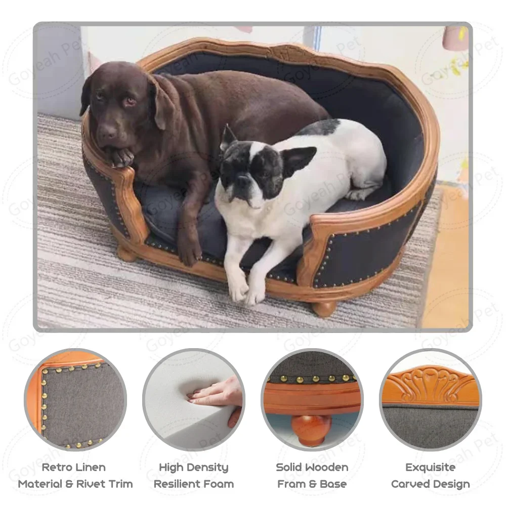 Luxury Retro Pet Furniture Soft Pet Bed Linen Cat Dog Sofa with Wood Frame