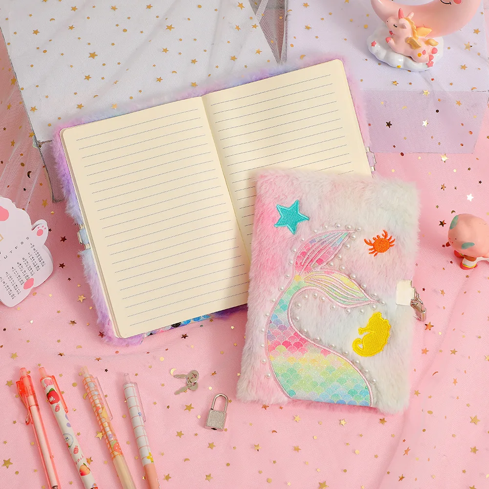 2023 Mermaid Tail Plush Notebook Girl Cartoon with Lock Diary Book Children\'s Writing Book Gift Planner Notebooks