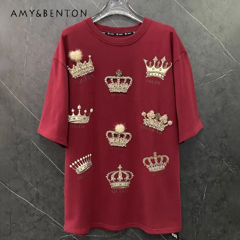 Diamond Drills Tees Women's Loose Casual Red O-Neck Cotton Top Thick Crown T-shirt Fashion Bottoming Shirt Half Sleeves T Shirts