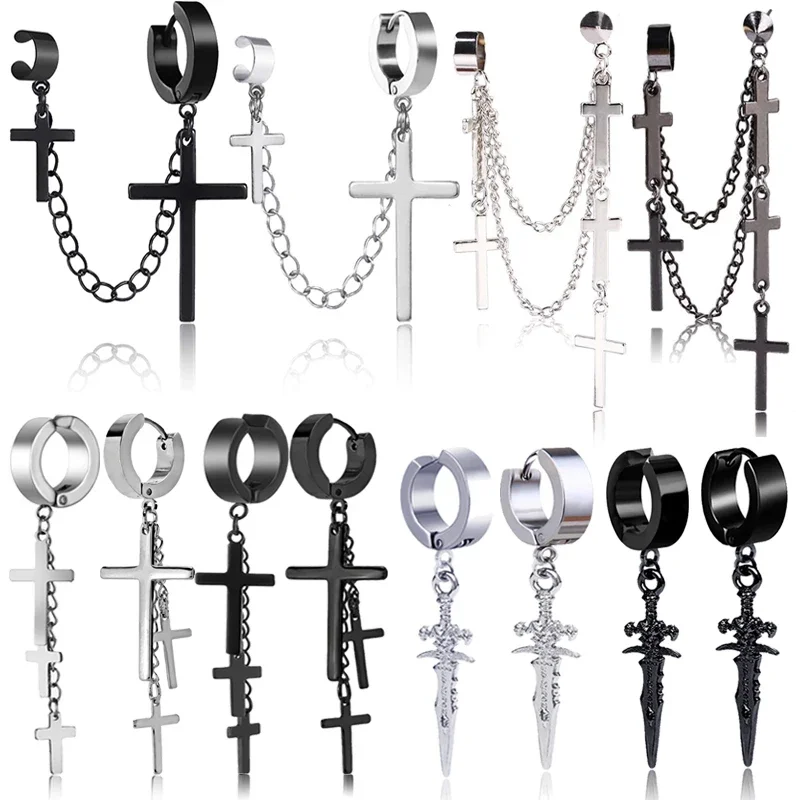 Gothic Cross One-piece Earrings Punk Pendant Tassel Clip Earring Sword Dangle Drop Earrings Men Women Rings Necklaces Jewelry