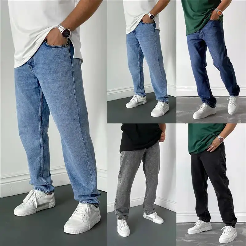 

2023 Men's Simple Casual Denim Jeans Daily Plain Straight Leg Long Trousers mid Waist Youth Faion Spring Autumn Wear