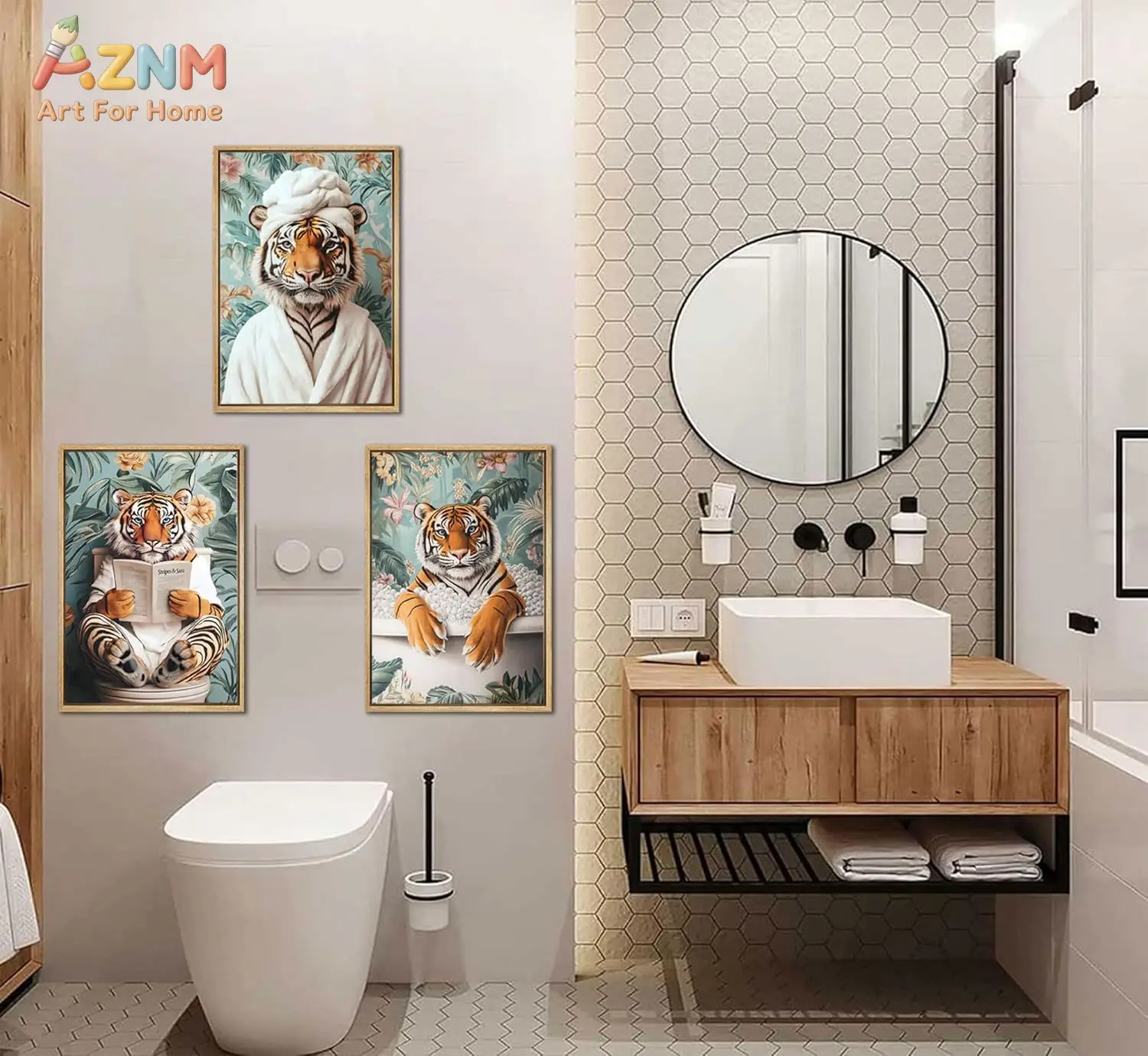 3PCS Funny Tiger in Bathrobe Reading Toilet Tropical Leaves Canvas Prints Cute Animal Bathroom Humor Wall Art Posters Unframed f