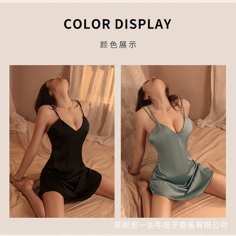 Plus Size Solid Satin Slip Nightdress Women Erotic Lingerie Sexy Halter Backless Sleepwear Pajamas Set Ladies Nighty Nightgown