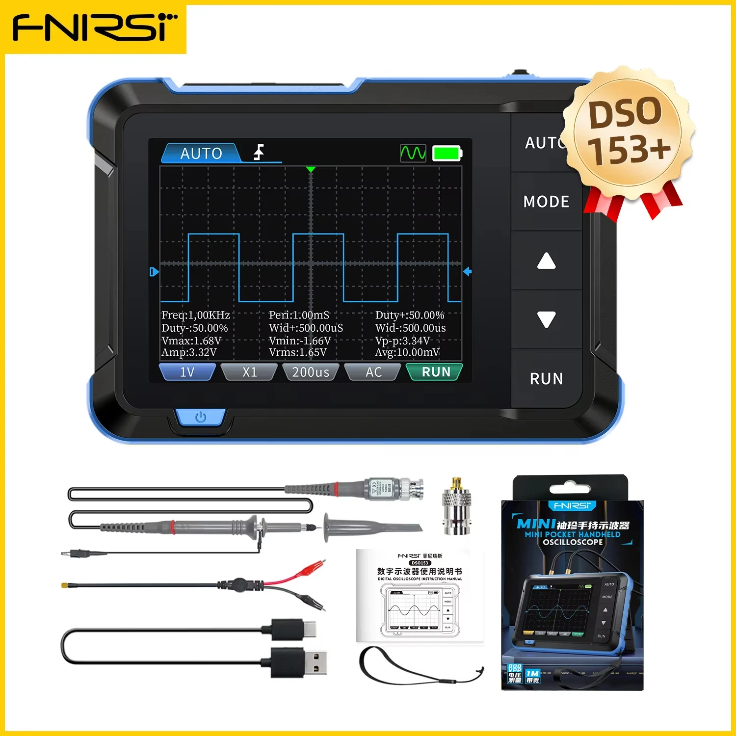 FNIRSI New DSO153 Mini Handheld Digital 2 IN 1 Oscilloscope Portable 48MS/s 10MHz Bandwidth Electronic Repair Tool