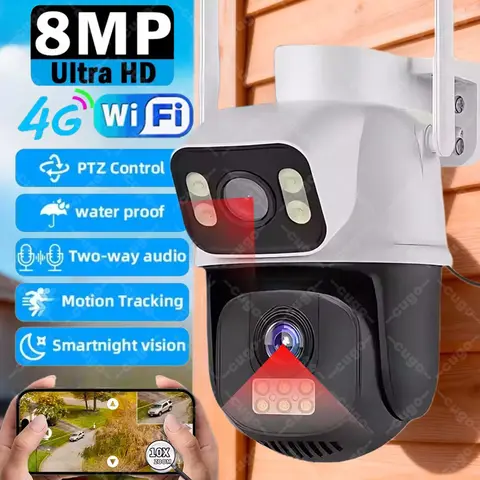 8MP 4G Sim Card Camera Dual Lens Dual Screen Wireless WiFi Outdoor Surveillance Cam Human Detect Security Protection PTZ IP Cam