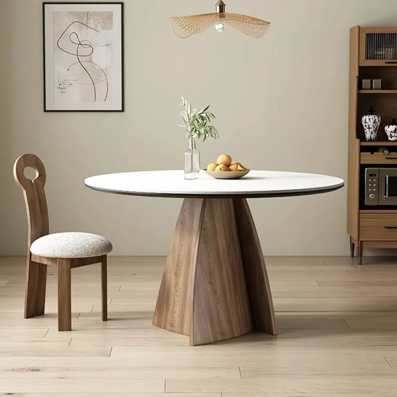 Stylish Modern Round Dinig Table Minimalist High End Wooden Dining Table Home Use Walnut Color Dining Table With White Stone Top