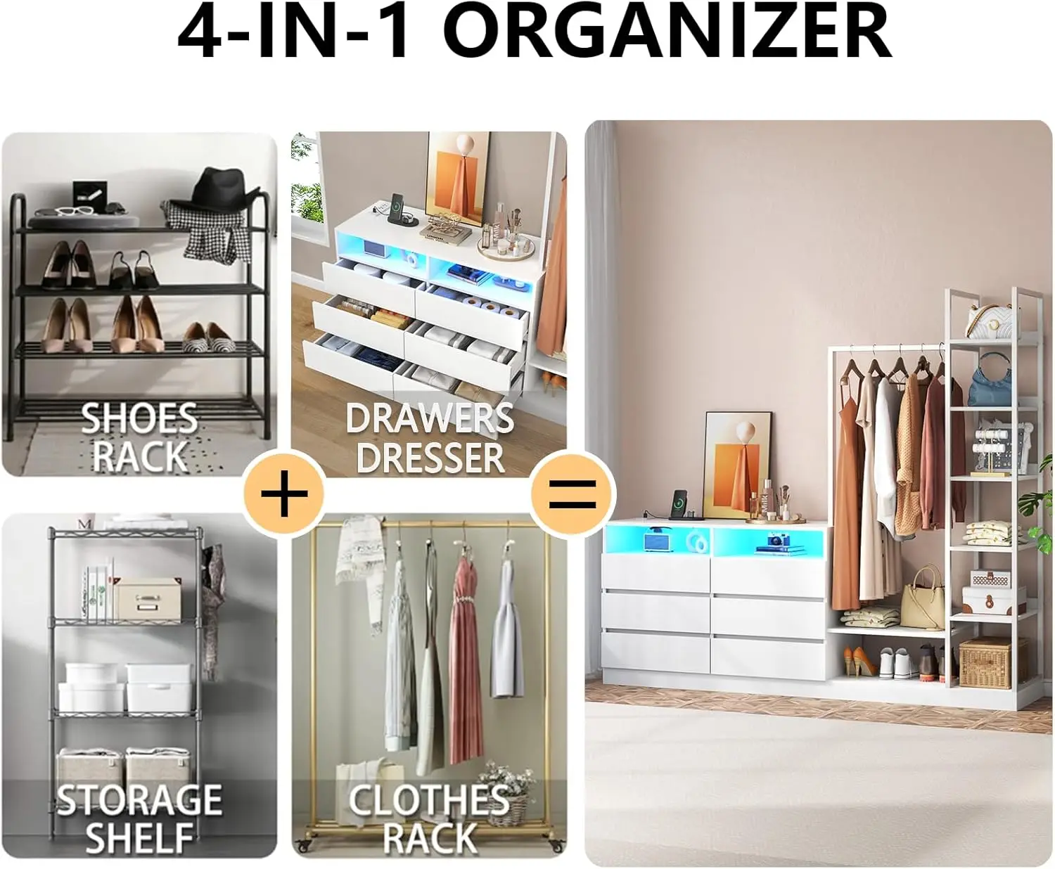 6 Drawers Dresser with Hanging Rack & 6 Tiers Shelves,LED Dressers & Chests of Drawers,63" Wide Long 4 in1 Storage Unit Dressers