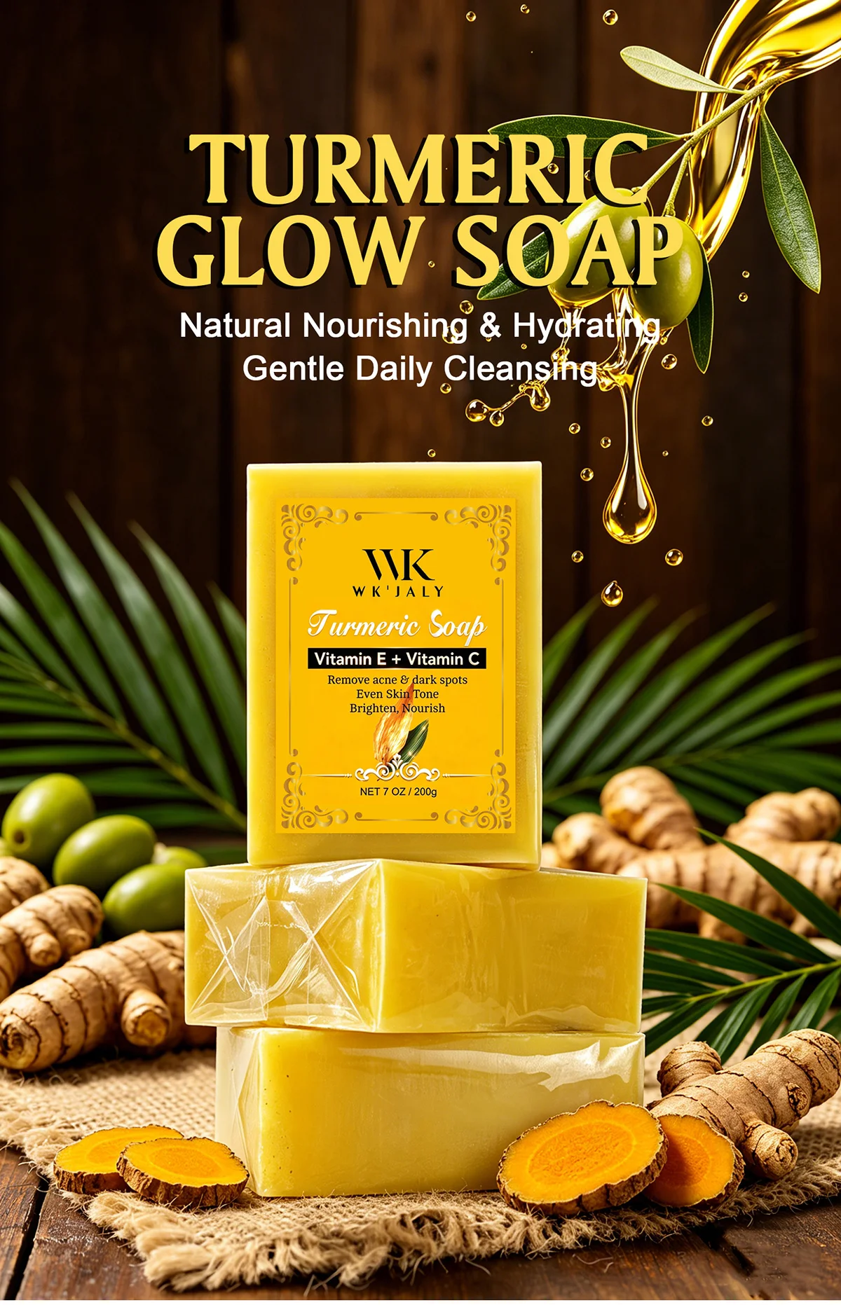 WK JALY Natural Turmeric Soap, Vitamin E + Vitamin C Body Wash, Remove Acne, Dark Spots, Even Skin Tone for Women, 200g/7oz