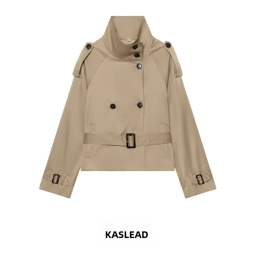 KASLEAD New Women's Fashion Design Short Jacket Coat with Belt European Style Long Sleeve Polyester Fiber Spring Season