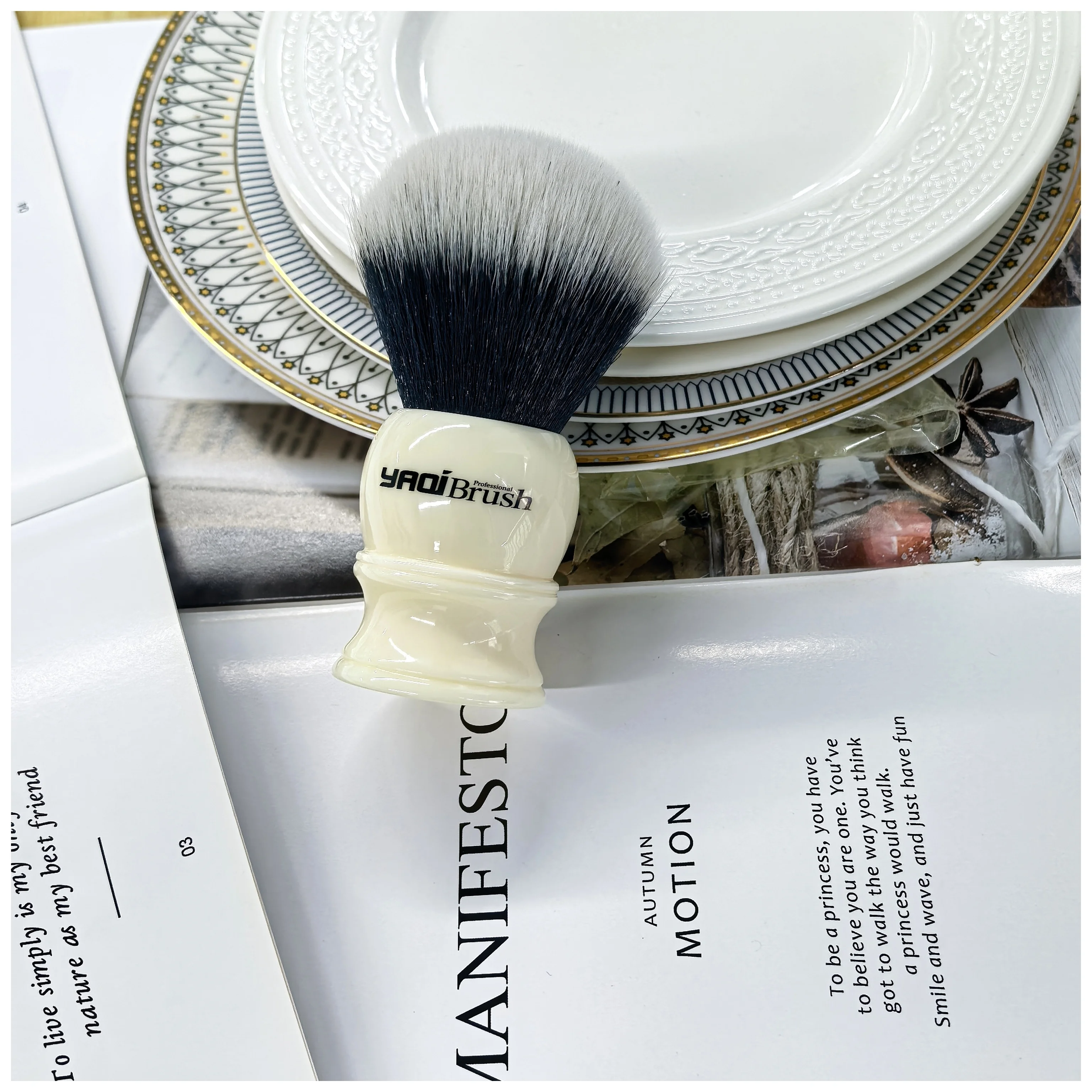 YAQI Black Synthetic Hair Shave Brush 30mm White Handle Men Shaving Products Wet Shave Tools Best Gift for Men