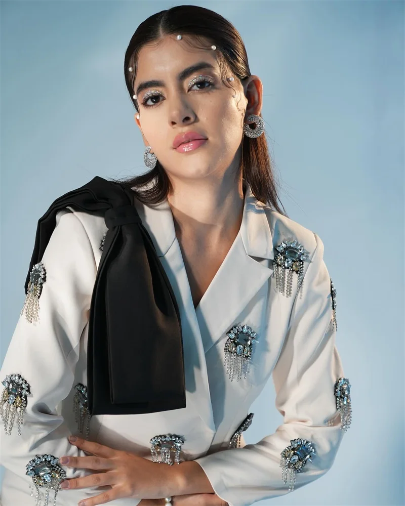 Crystals White Women Suit Pants Set 2 Piece Bow Blazer+Trousers Formal Office Lady Business Jacket Customized Wedding Coat