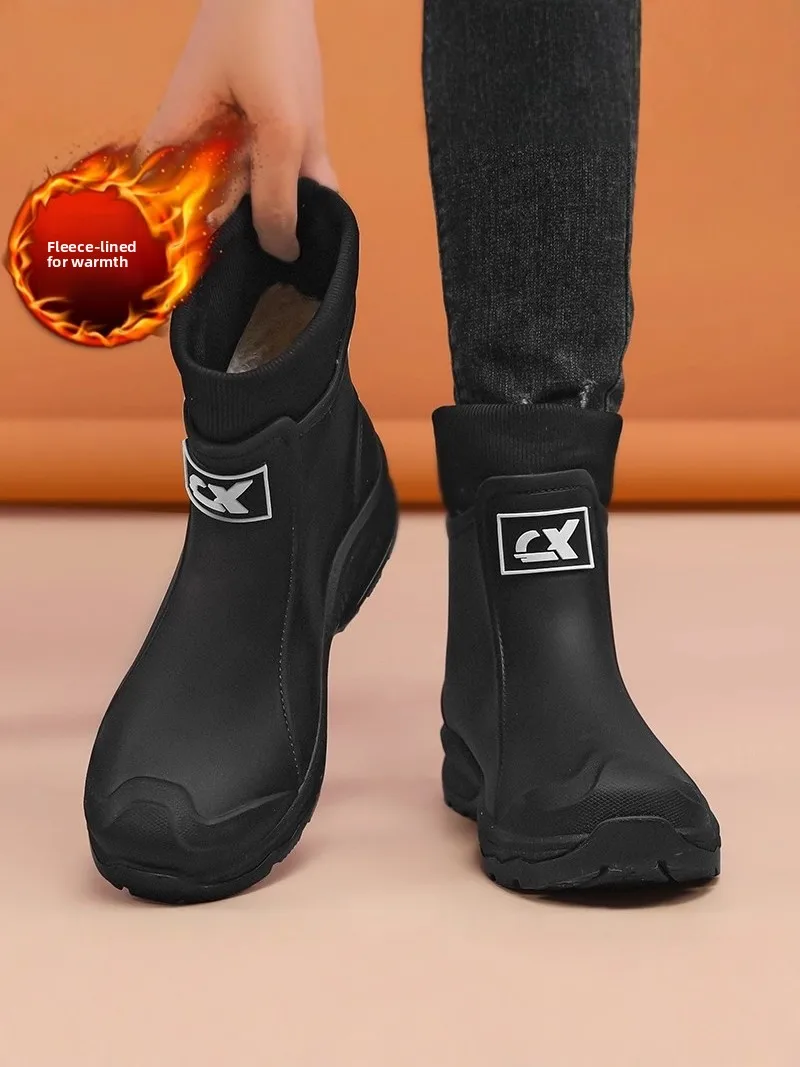 Men's Work Rain Boots Waterproof Non-Slip Fleece Lined Warm Cotton Shoes for Kitchen Delivery Rider Special Use Black